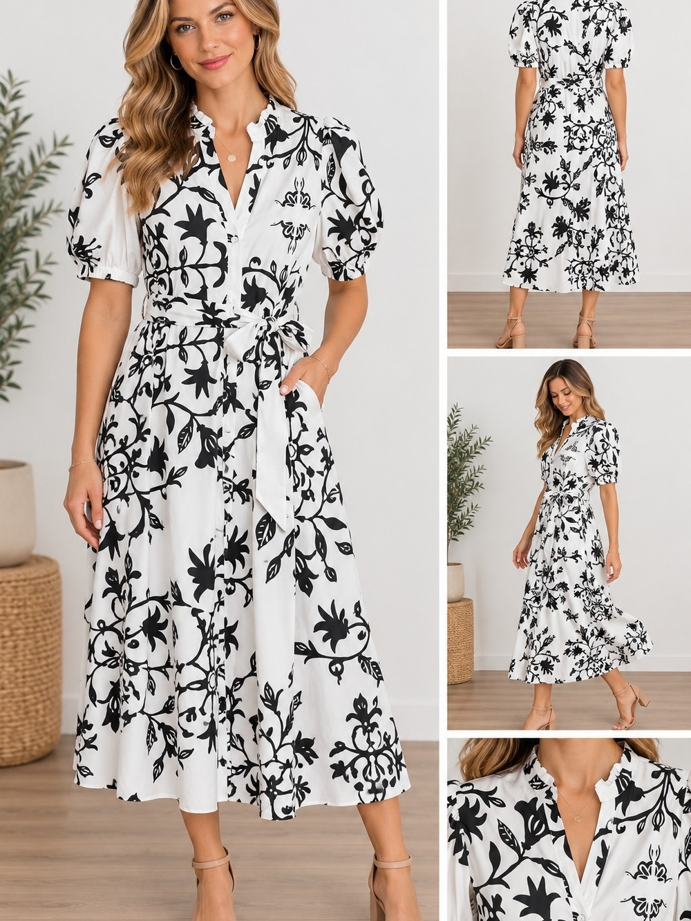 Tahari Black & White Floral Tie-Waist Midi Dress Sz 8 New